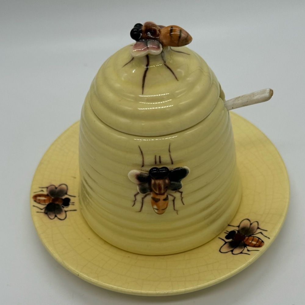 Beehive Bumble Bee Honey Pot w/ Plate Bombini Italian Art